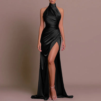 Summer New Half High Collar Halter Dress Elegant Slim Sleeveless Satin Evening Dress Chic Solid High Split Pleated Banquet Dress