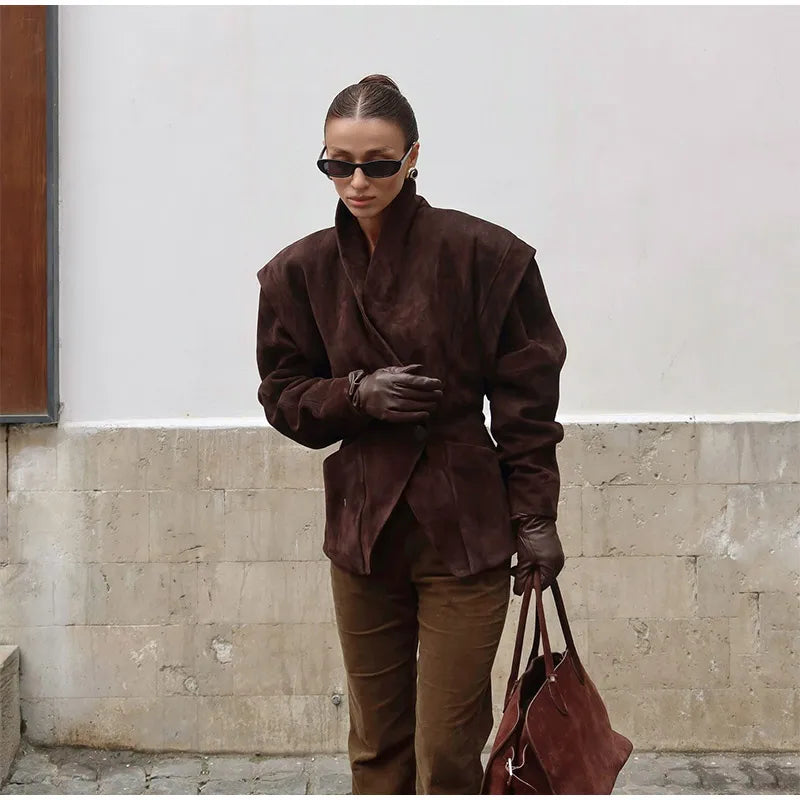 Single Breasted Buckle Casual Suede Jacket Women Chic Shoulder Pad Full Sleeve Lapel Slim Coat Autumn Lady New Highstreet Wear