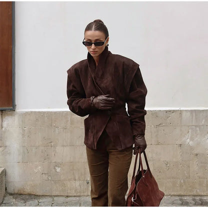 Single Breasted Buckle Casual Suede Jacket Women Chic Shoulder Pad Full Sleeve Lapel Slim Coat Autumn Lady New Highstreet Wear
