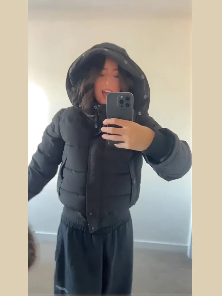 Hooded Faux Fur Collar Padded Coat Women Elegant Lantern Full Sleeve Single Breasted Pocket Ruched Winter Coats Chic Outerwears