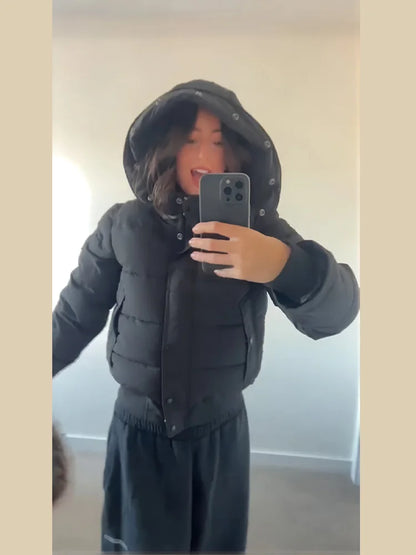 Hooded Faux Fur Collar Padded Coat Women Elegant Lantern Full Sleeve Single Breasted Pocket Ruched Winter Coats Chic Outerwears