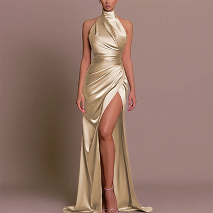 Summer New Half High Collar Halter Dress Elegant Slim Sleeveless Satin Evening Dress Chic Solid High Split Pleated Banquet Dress