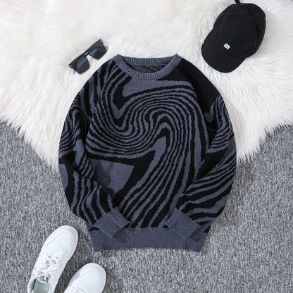 New Popular Autumn and Winter Maze Jacquard Pattern Pullover Sweater Casual Round Neck Contrast Color Knitted Men's Pullover
