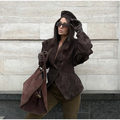 Single Breasted Buckle Casual Suede Jacket Women Chic Shoulder Pad Full Sleeve Lapel Slim Coat Autumn Lady New Highstreet Wear