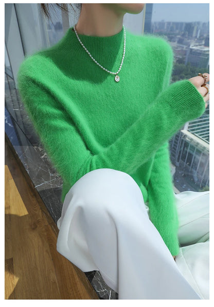 100% Pure Mink Cashmere Knitted Sweater Women's Semi-High Neck Loose Pullovers Casual Joker Warm Bottoming Shirt Autumn Blouse