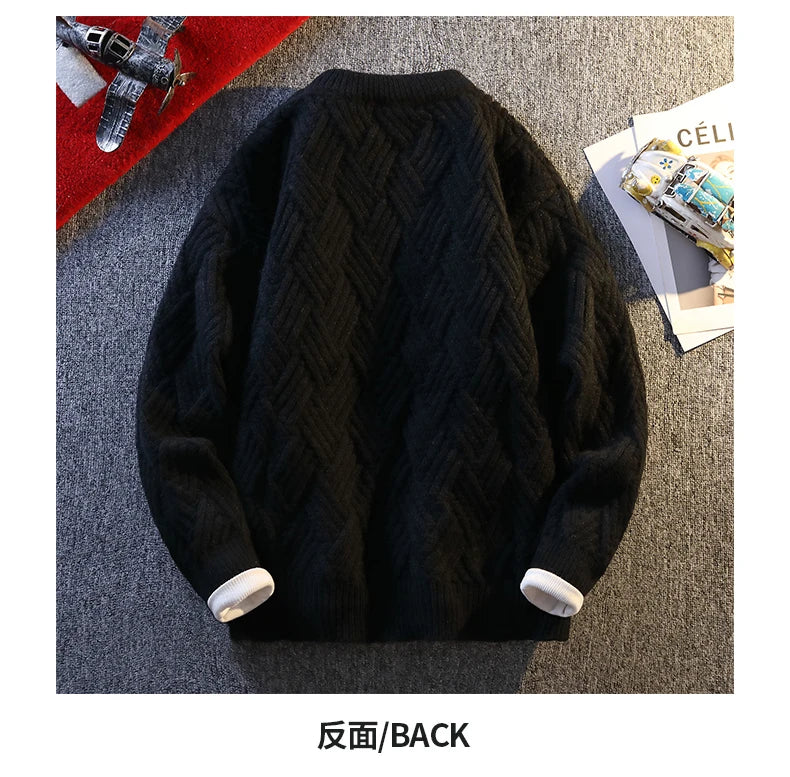 Knit Sweater Men Cable Pullover New Autumn Winter Diamond Pattern Loose Fit Solid Fashion Casual Streetwear Crew Neck Sweaters