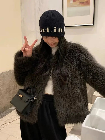 Winter Jacket New Furry Coat Womens Clothing Slim Fur One lmitation Fox Fur Jacket V-neck High Grade Loose Casual Top Womens