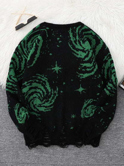 New Trendy Street Style Ripped Abstract Starry Sky Pattern Pullover Ripped Sweater Casual Crew Neck Knitted Men's Pullover