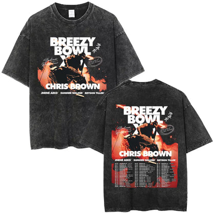 Vintage Washed Chris Brown Graphic T-shirt Breezy Bowl XX Tour 2025 Merch T Shirts Men Women Hip Hop Fashion Oversized T-shirts