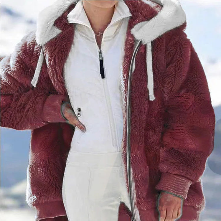 New Autumn/Winter Loose Plush Zipper Hooded Coat for Women