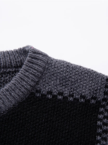 Retro Trendy Plaid Jacquard Pattern Pullover Sweater Casual Round Neck Color-Block Knit Men's Pullover