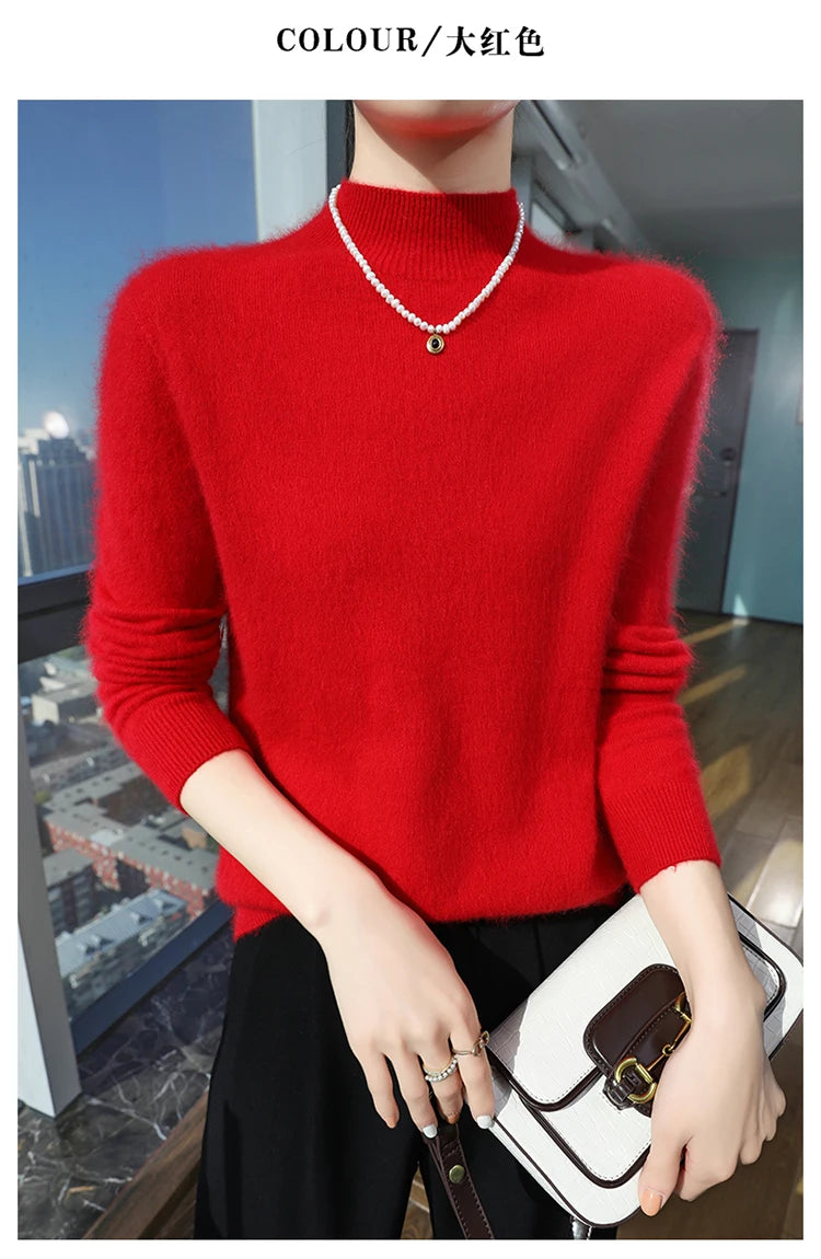 100% Pure Mink Cashmere Knitted Sweater Women's Semi-High Neck Loose Pullovers Casual Joker Warm Bottoming Shirt Autumn Blouse