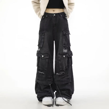 Women Y2k American Retro Mutil Pockets Cargo Jeans 90s Vintage 2000s Jean Pants Trashy Clothes 2025 Black Baggy Cargo Jeans