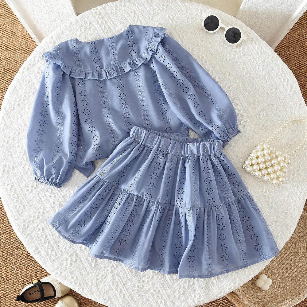Bear Leader Blue Embroidered Flower Kids Clothes Girls Autumn Long Sleeved Lapel Single Breasted Shirt Top+Short Skirt 2Pcs Set