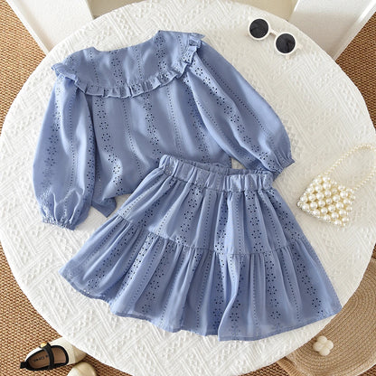 Bear Leader Blue Embroidered Flower Kids Clothes Girls Autumn Long Sleeved Lapel Single Breasted Shirt Top+Short Skirt 2Pcs Set