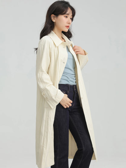 Wrinkled Double Cuff Belted Sleeve Trench Coat Women Loose Fit Lapel Collar Outerwear 2025 Casual Mid-Length Stylish Overcoat