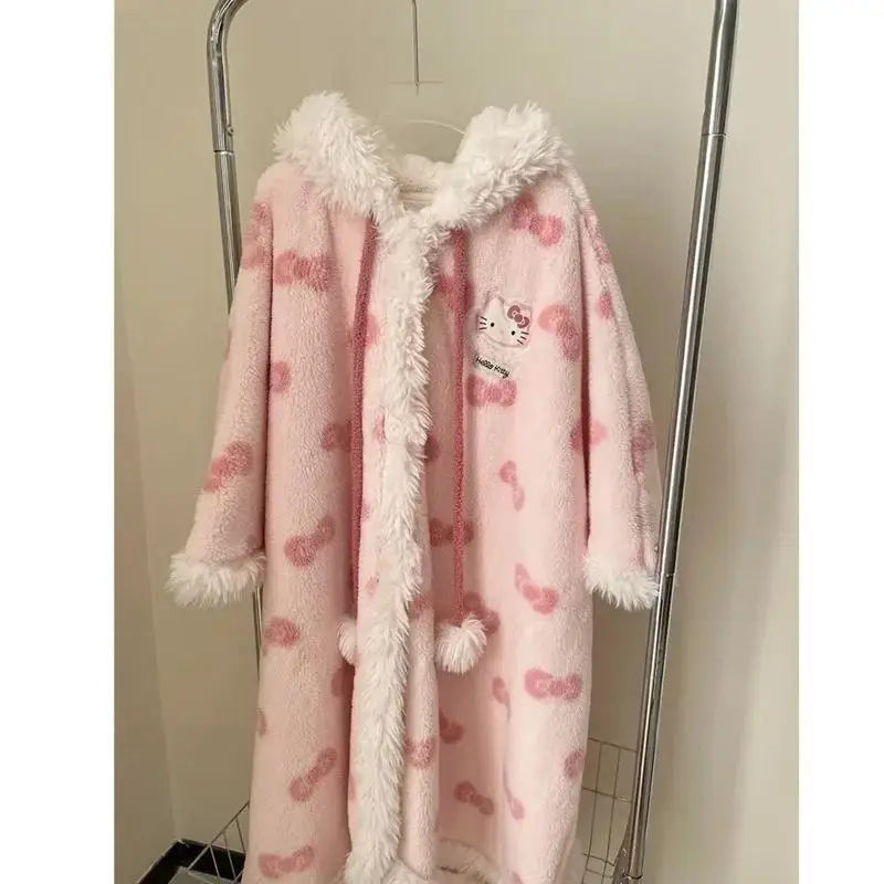 Miniso Kawaii Hellokitty Plush Robes Girls Cute Sanrio Anime Y2K Pajamas Hooded Blanket Casual Fleece Sleepwear Women Clothing