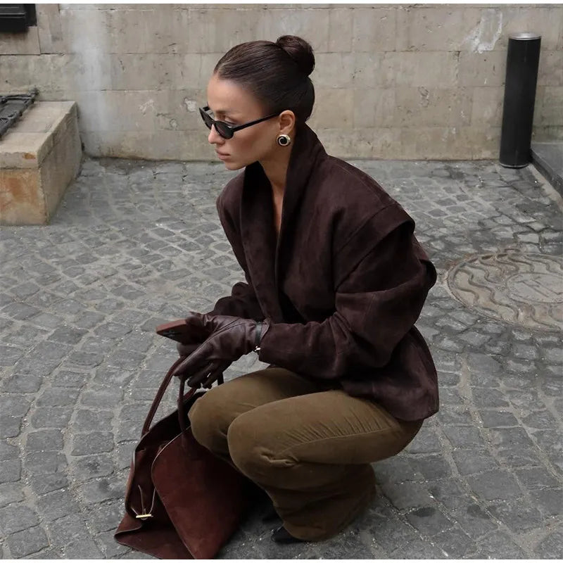 Single Breasted Buckle Casual Suede Jacket Women Chic Shoulder Pad Full Sleeve Lapel Slim Coat Autumn Lady New Highstreet Wear
