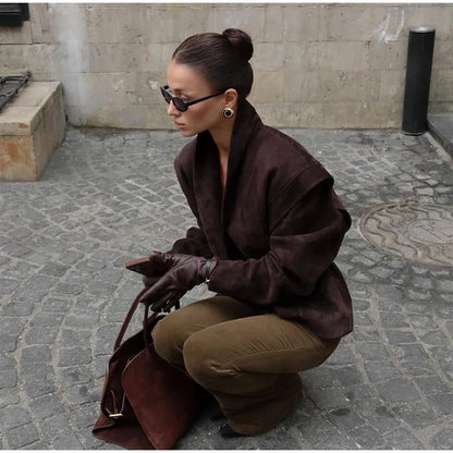 Single Breasted Buckle Casual Suede Jacket Women Chic Shoulder Pad Full Sleeve Lapel Slim Coat Autumn Lady New Highstreet Wear
