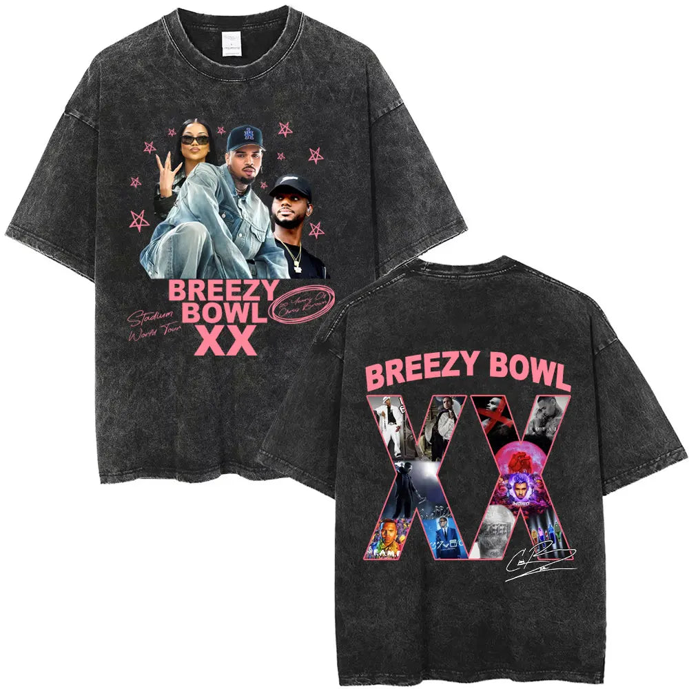 Vintage Washed Chris Brown Graphic T-shirt Breezy Bowl XX Tour 2025 Merch T Shirts Men Women Hip Hop Fashion Oversized T-shirts