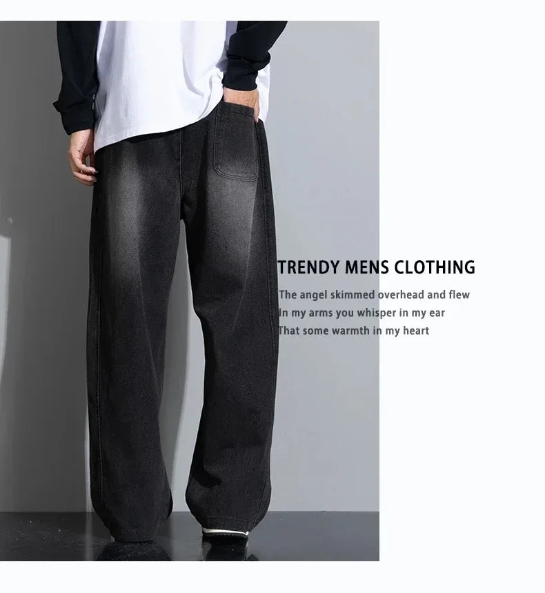 8XL New Wide Leg Washing Jean Pants Men Trousers Neutral Solid Color Loose Casual Straight Outdoor Fashion Plus Size Pants