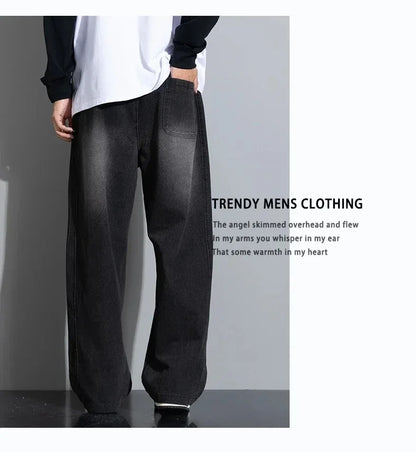 8XL New Wide Leg Washing Jean Pants Men Trousers Neutral Solid Color Loose Casual Straight Outdoor Fashion Plus Size Pants