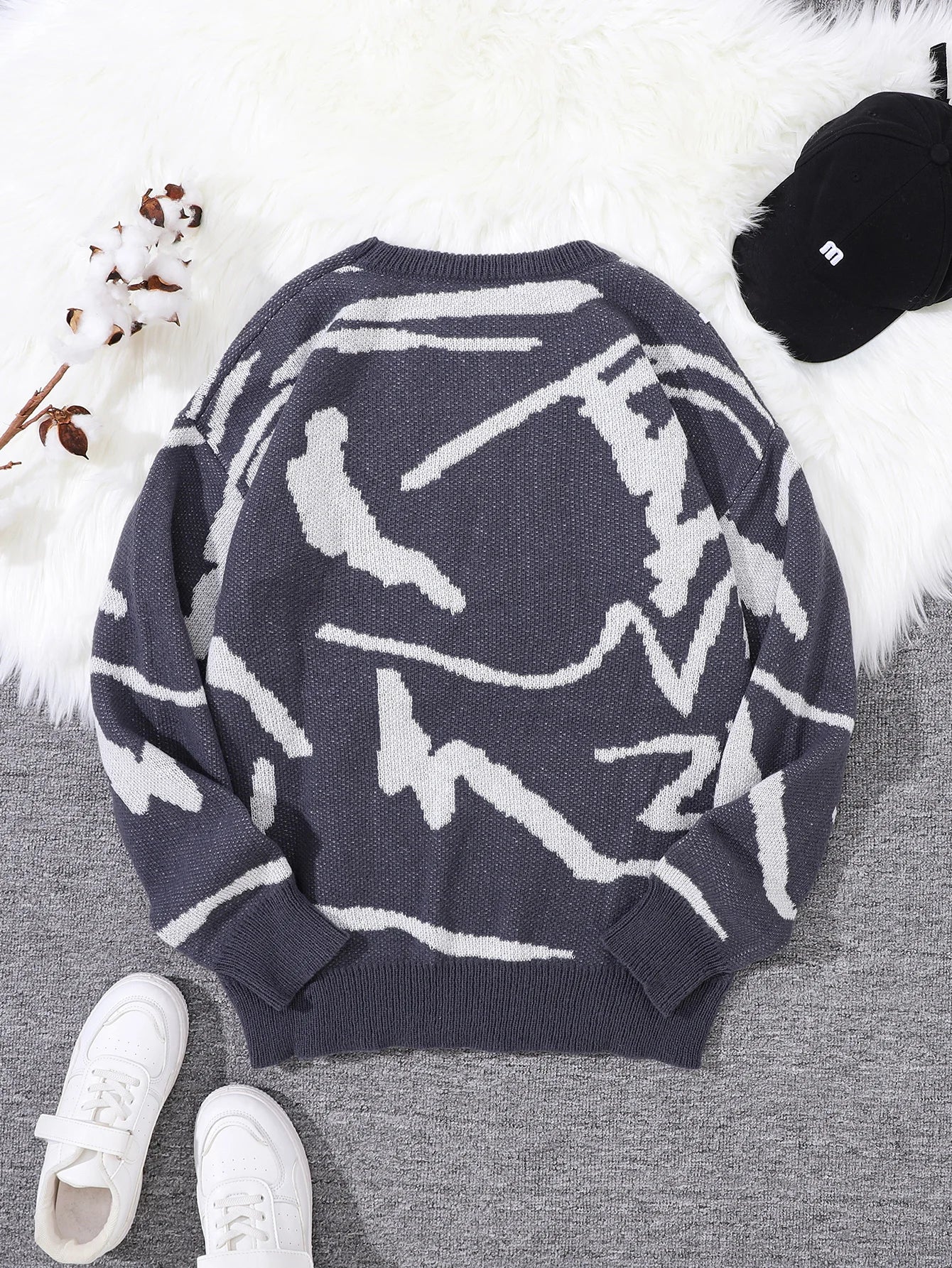 New Popular Spring Autumn Graffiti Jacquard Pattern Pullover Sweater Casual Round Neck Contrast Color Knitted Men's Pullover