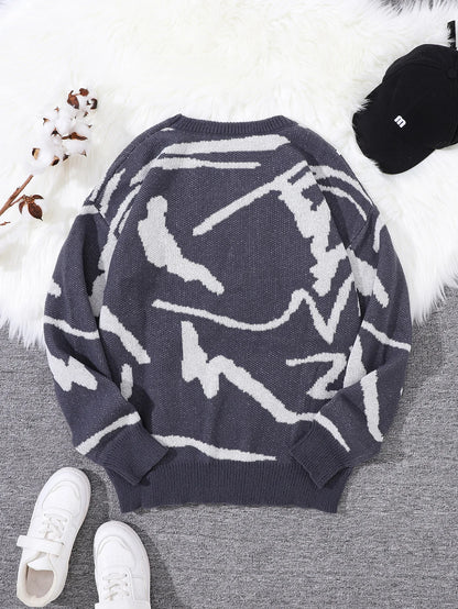 New Popular Spring Autumn Graffiti Jacquard Pattern Pullover Sweater Casual Round Neck Contrast Color Knitted Men's Pullover