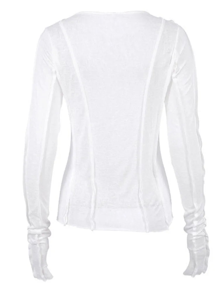 White O-Neck Women'S T-Shirt 2022 Elegant Yellow Long Sleeve Fall Tee Shirt Casual Slim Elastic Solid Top Female