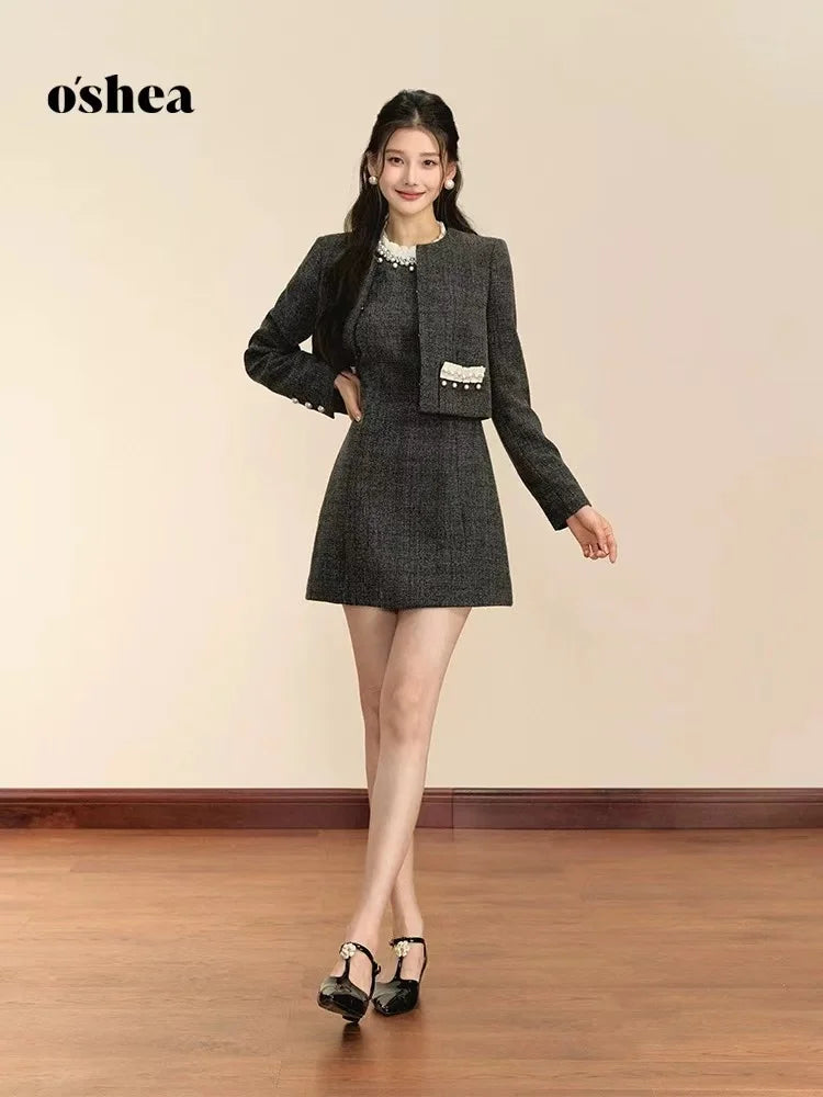 Fashion Design Nail Beads Sleeveless Dress Women 2024 New Autumn Short A-line Skirt Coat Set Women Commit Sexy Two Piece