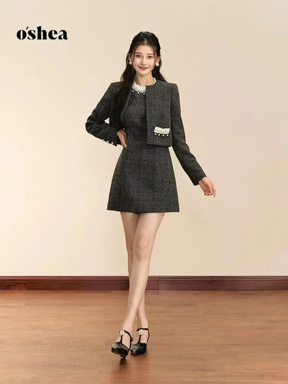 Fashion Design Nail Beads Sleeveless Dress Women 2024 New Autumn Short A-line Skirt Coat Set Women Commit Sexy Two Piece