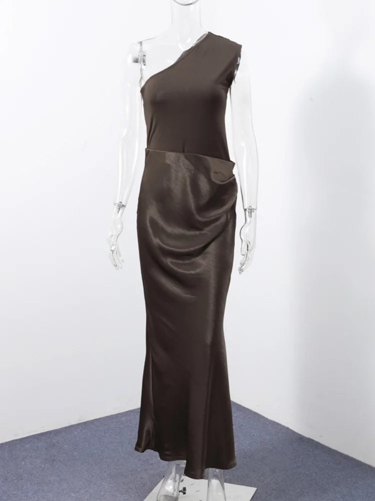 Luxary Solid Satin Maxi Dress Elegant One Shoulder Sleeveless High Waist Ruffle Robe 2025 New Summer Evening Party Clothing