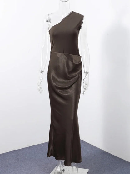 Luxary Solid Satin Maxi Dress Elegant One Shoulder Sleeveless High Waist Ruffle Robe 2025 New Summer Evening Party Clothing