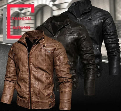 Coat Male vintage Casual Motor Biker Faux Leather Jacket Men Motorcycle Slim Fleece Jackets Autumn Winter Fashion Leather Jacket