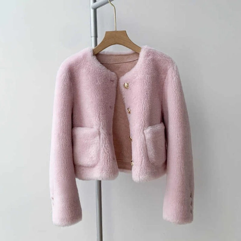 Woman Genuine Sheepskin Jackets Coat Female Winter Shearling Coats Real Lamb Fur O-neck Natural  Outewear  Overcoat G152