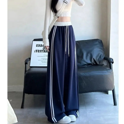 High Waist Wide Leg Pants Women's Spring Autumn New Style Loose American Knife Edge Sports Trousers Color Block Striped