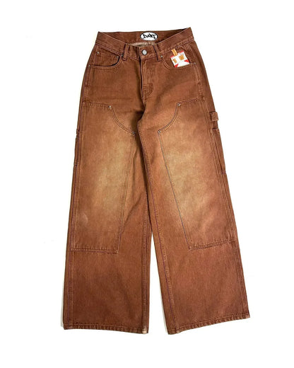 Streetwear Retro Jeans Y2k Gothic Pattern Embroidered Brown Loose Jeans Mens and Womens Fashionable Straight Leg Wide Leg Jeans