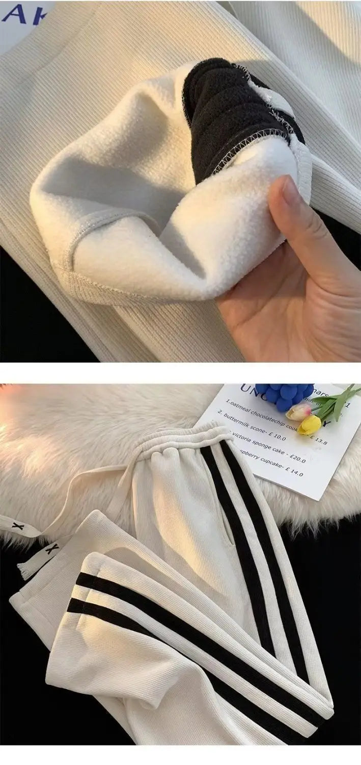 Thickened Fleece Corduroy Pants High Waist Loose Straight Leg Striped High School Students Autumn Winter Fashion Brand Teenag...