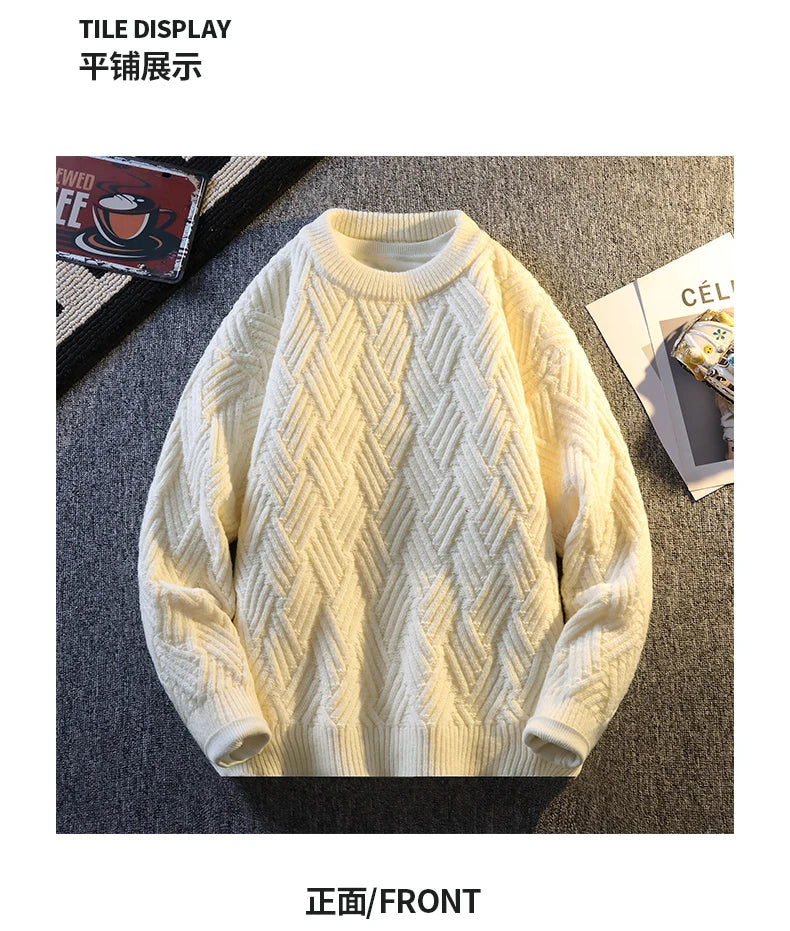 Knit Sweater Men Cable Pullover New Autumn Winter Diamond Pattern Loose Fit Solid Fashion Casual Streetwear Crew Neck Sweaters