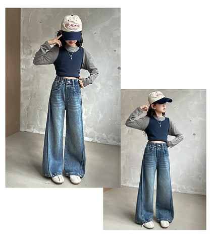 New Autumn Tween Girl Dark Blue Jeans Foldable Wide Leg Denim Pants Kids Child Spring High Waist Jeans Trousers Age 4 To 14 Y