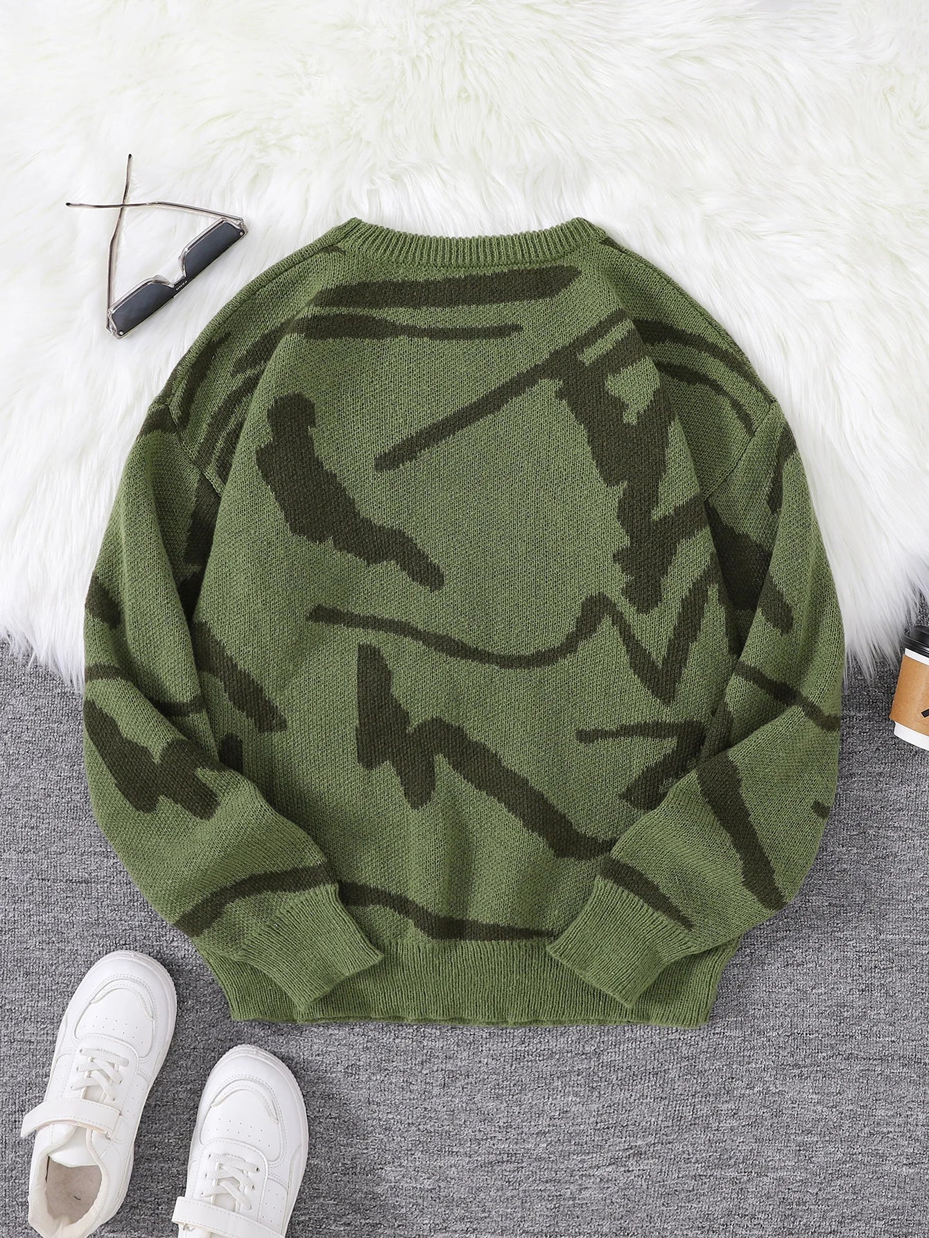 New Popular Spring Autumn Graffiti Jacquard Pattern Pullover Sweater Casual Round Neck Contrast Color Knitted Men's Pullover