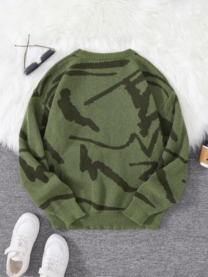 New Popular Spring Autumn Graffiti Jacquard Pattern Pullover Sweater Casual Round Neck Contrast Color Knitted Men's Pullover