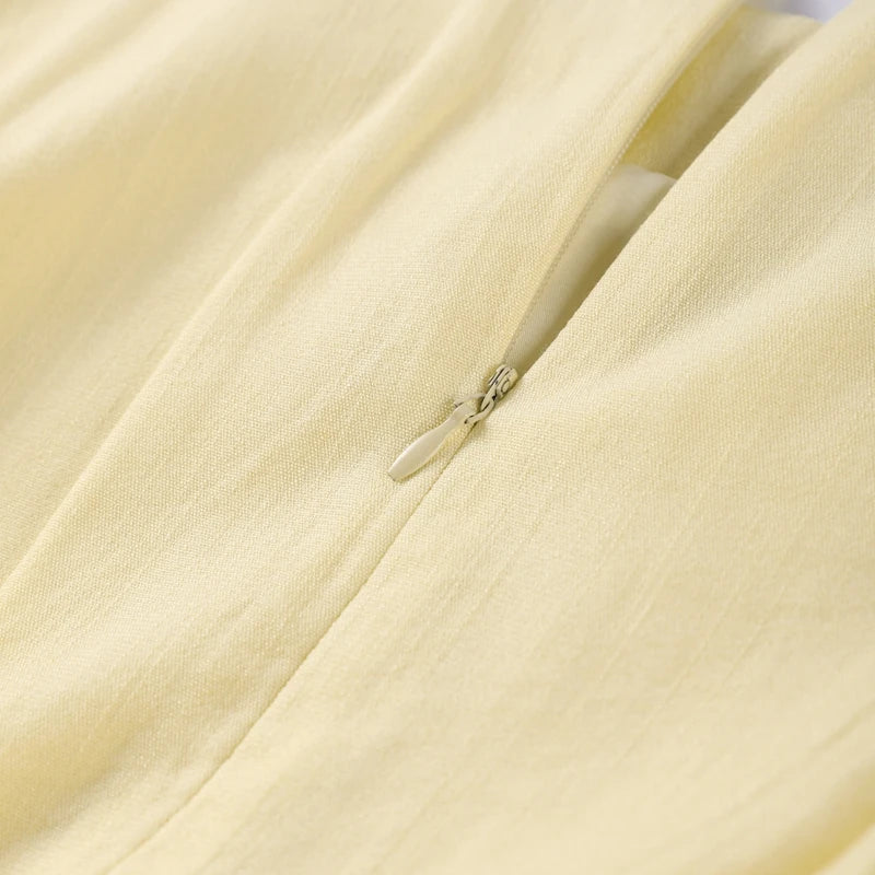 Casual Yellow Short Puff Sleeve Women Dress Loose Solid O-neck Pleated High Waist Female Maxi Dresses 2025 Summer Chic Lady Robe