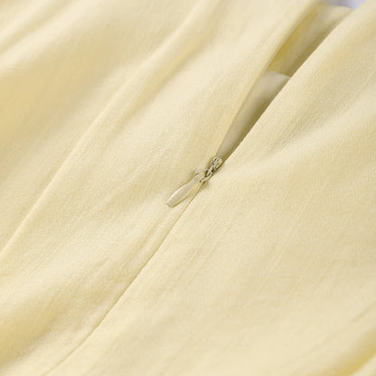 Casual Yellow Short Puff Sleeve Women Dress Loose Solid O-neck Pleated High Waist Female Maxi Dresses 2025 Summer Chic Lady Robe