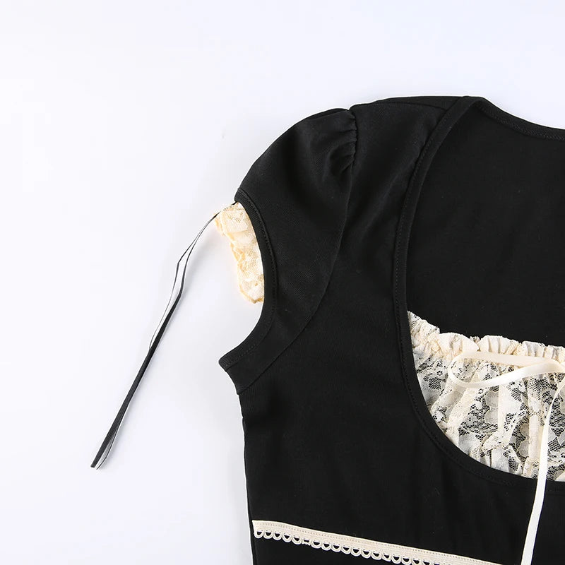 Y2k Lace Trim Crop Top Bow Cute Sweet Square Neck Tee Short Sleeve Harajuku Casual T Shirt Women Prepply Retro Korean Top Summer