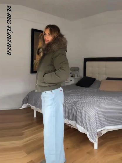 Hooded Faux Fur Collar Padded Coat Women Elegant Lantern Full Sleeve Single Breasted Pocket Ruched Winter Coats Chic Outerwears