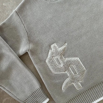 Y2K Round Neck Gray Knitted Sweater New Popular Symbol Pattern Retro Harajuku Pullover Autumn Winter Warm Boxy Men's Clothing