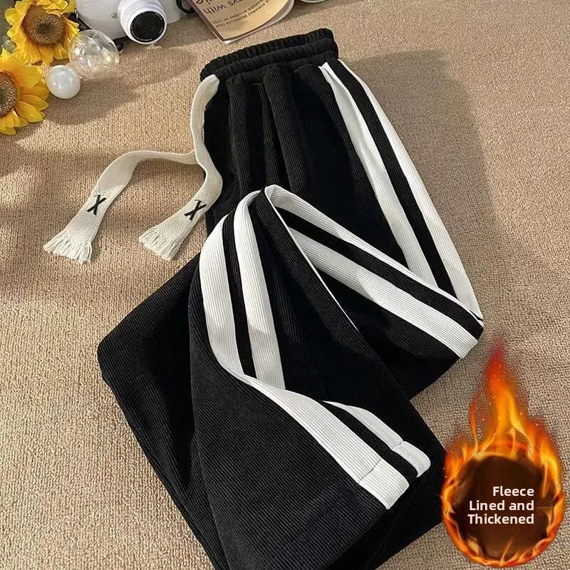 Thickened Fleece Corduroy Pants High Waist Loose Straight Leg Striped High School Students Autumn Winter Fashion Brand Teenag...
