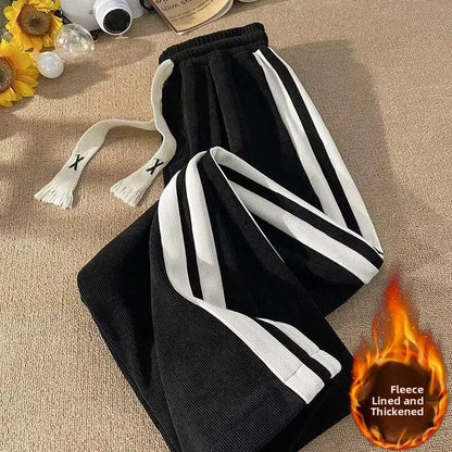 Thickened Fleece Corduroy Pants High Waist Loose Straight Leg Striped High School Students Autumn Winter Fashion Brand Teenag...