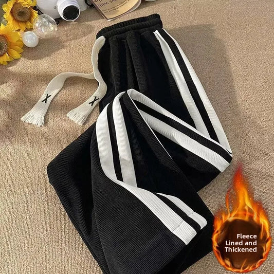 Thickened Fleece Corduroy Pants High Waist Loose Straight Leg Striped High School Students Autumn Winter Fashion Brand Teenag...